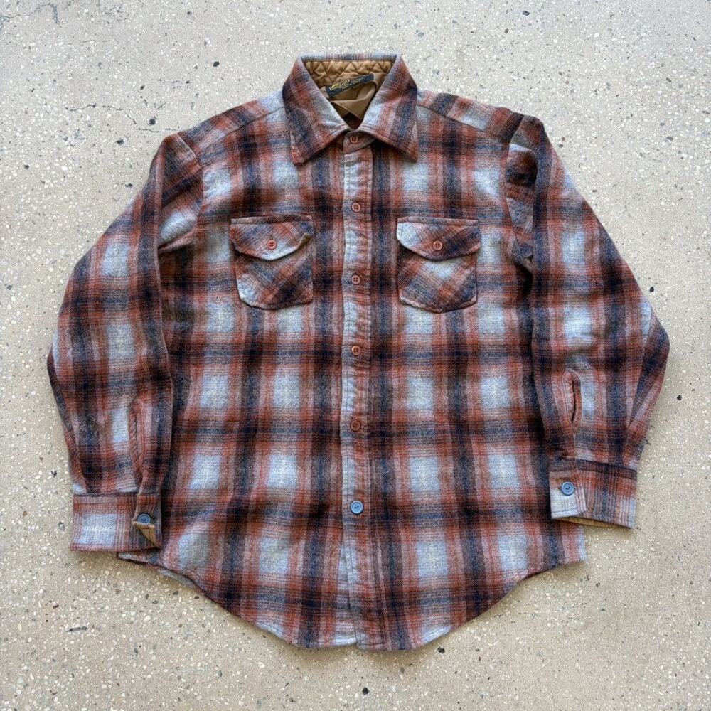 Vintage 70s Kmart Orange Shadow Plaid Wool Flannel
